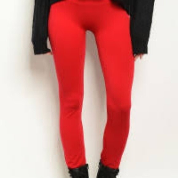 Red Fleece High Waisted Leggings - Picture 1 of 15